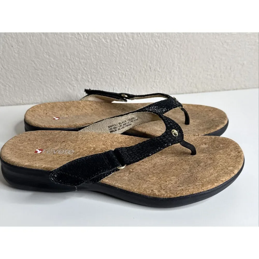 Revere Napoli Sandals Flip Flops Black Lizard Embossed Leather Shoes 37 6